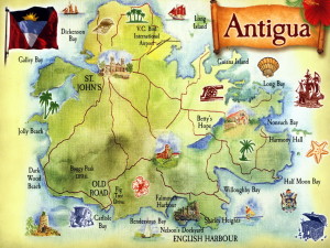 pohled s mapkou Antiguy
